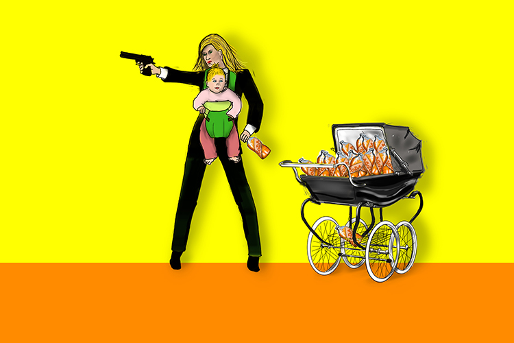 woman with gun holding a baby next to a pram full of soda